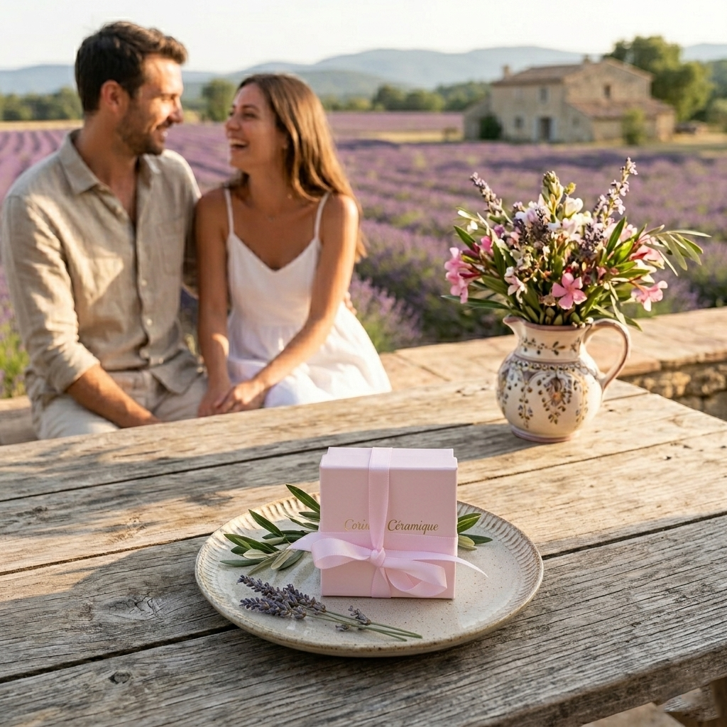 Table provençale élégante avec un écrin rose pâle chic et luxe de Corinne Céramique posé au premier plan, tandis qu’un couple rit en arrière-plan devant un champ de lavande en Provence.