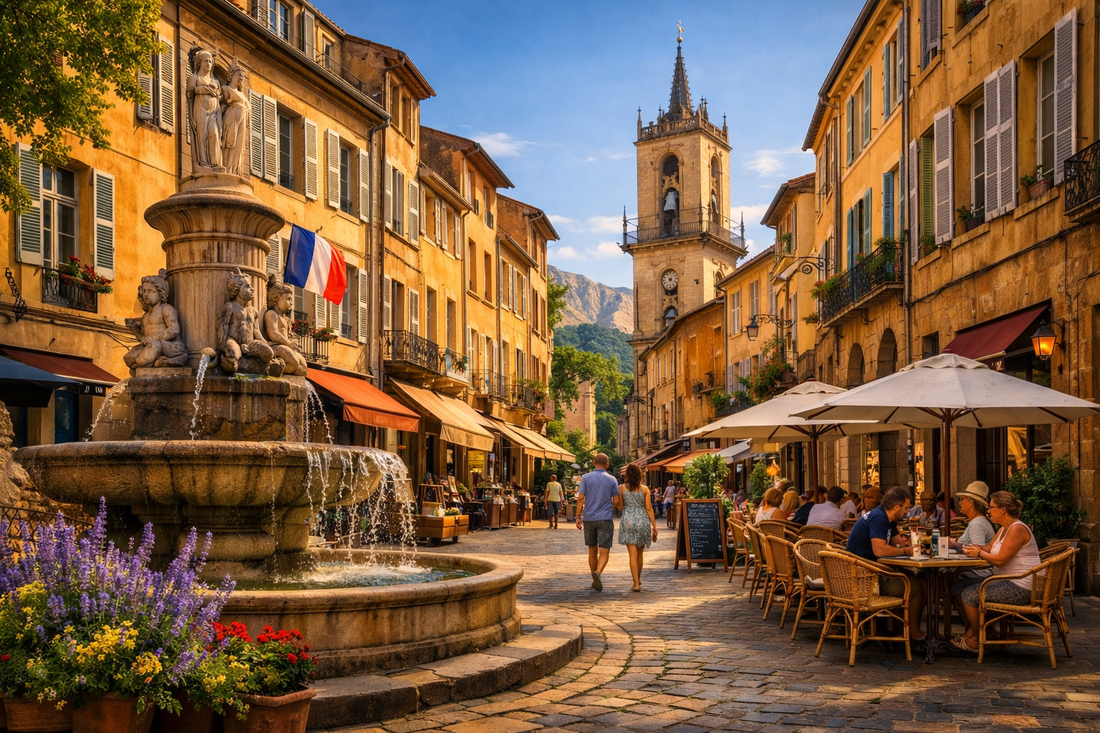 Rue historique d’Aix-en-Provence en Provence, source d’inspiration des bijoux pour femme Corinne Céramique, créations artisanales françaises, idée cadeau élégante et originale pour femme.
