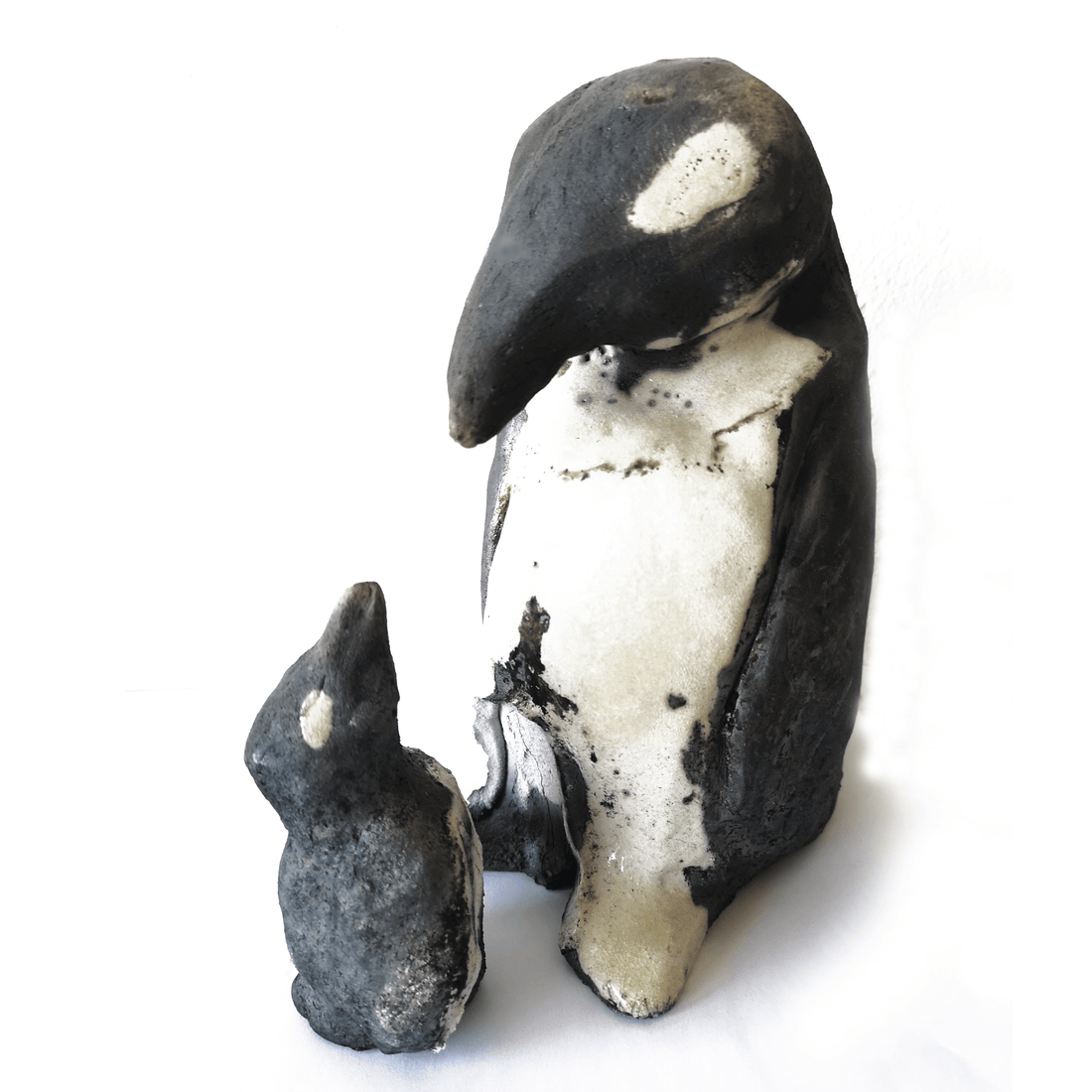 Sculpture Pingouin Raku Bebe et maman ouvre d art