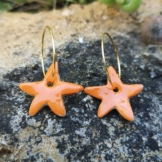 Boucle d'oreille etoile orange pendante pour femme sur rocher