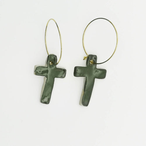 Boucles d'oreilles croix vert argile en céramique dorées à l’or fin 24K, bijoux faits main en Provence