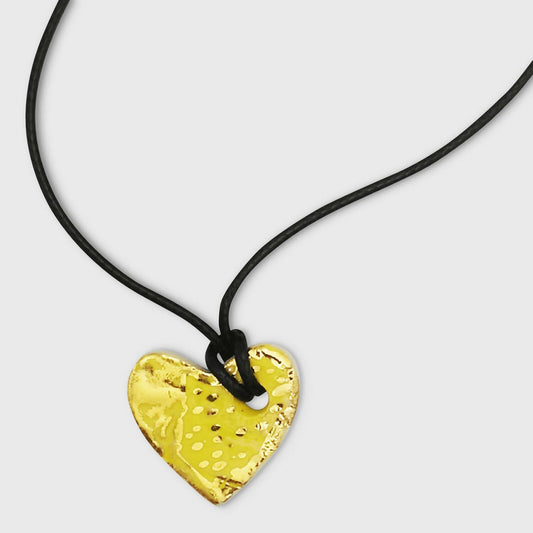 Collier coeur jaune cordon cuir taille reglable pour femme Corinne Ceramique