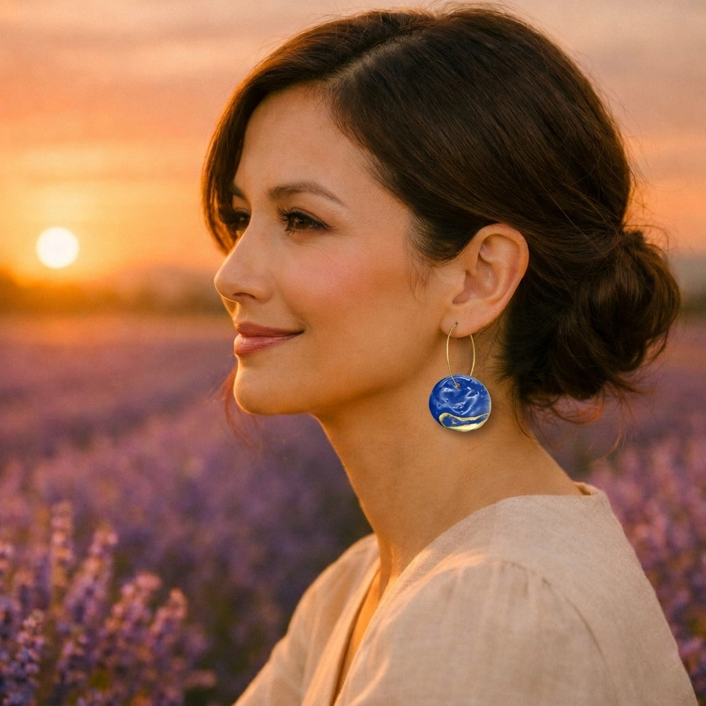 Femme de profil dans un champ de lavande au coucher du soleil, portant une grande boucle d’oreille bleue en céramique.
