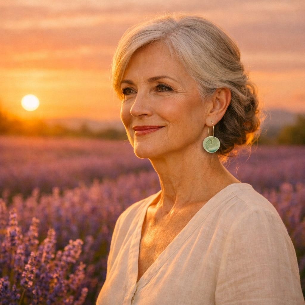 Portrait d’une femme élégante portant une boucle d’oreille verte en céramique faite main par Corinne Céramique, devant un champ de lavande en Provence au coucher du soleil, bijou artisanal français raffiné, léger et inspiré des paysages provençaux.