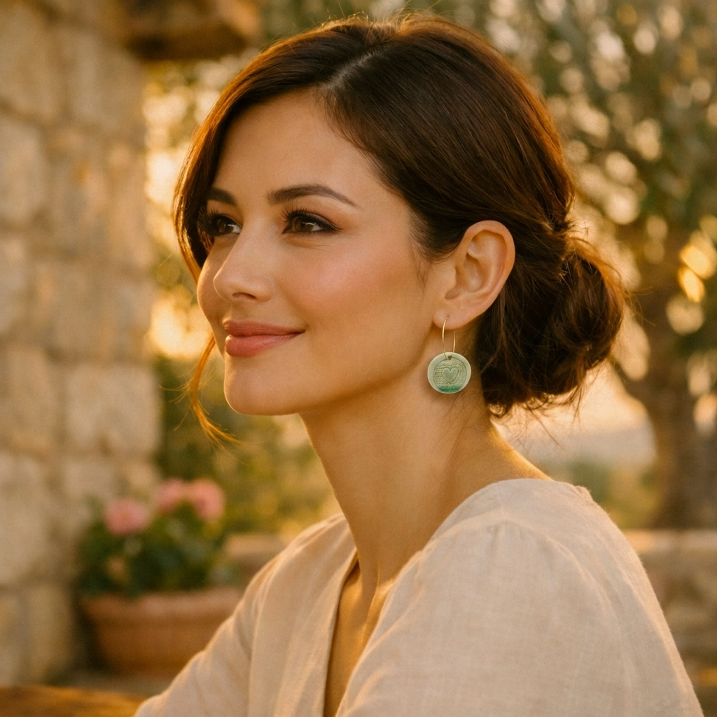 Femme élégante portant une boucle d’oreille pendante verte en céramique artisanale Corinne Céramique, photographiée au coucher du soleil dans un décor provençal, bijou fait main en France inspiré par la nature et la Provence.
