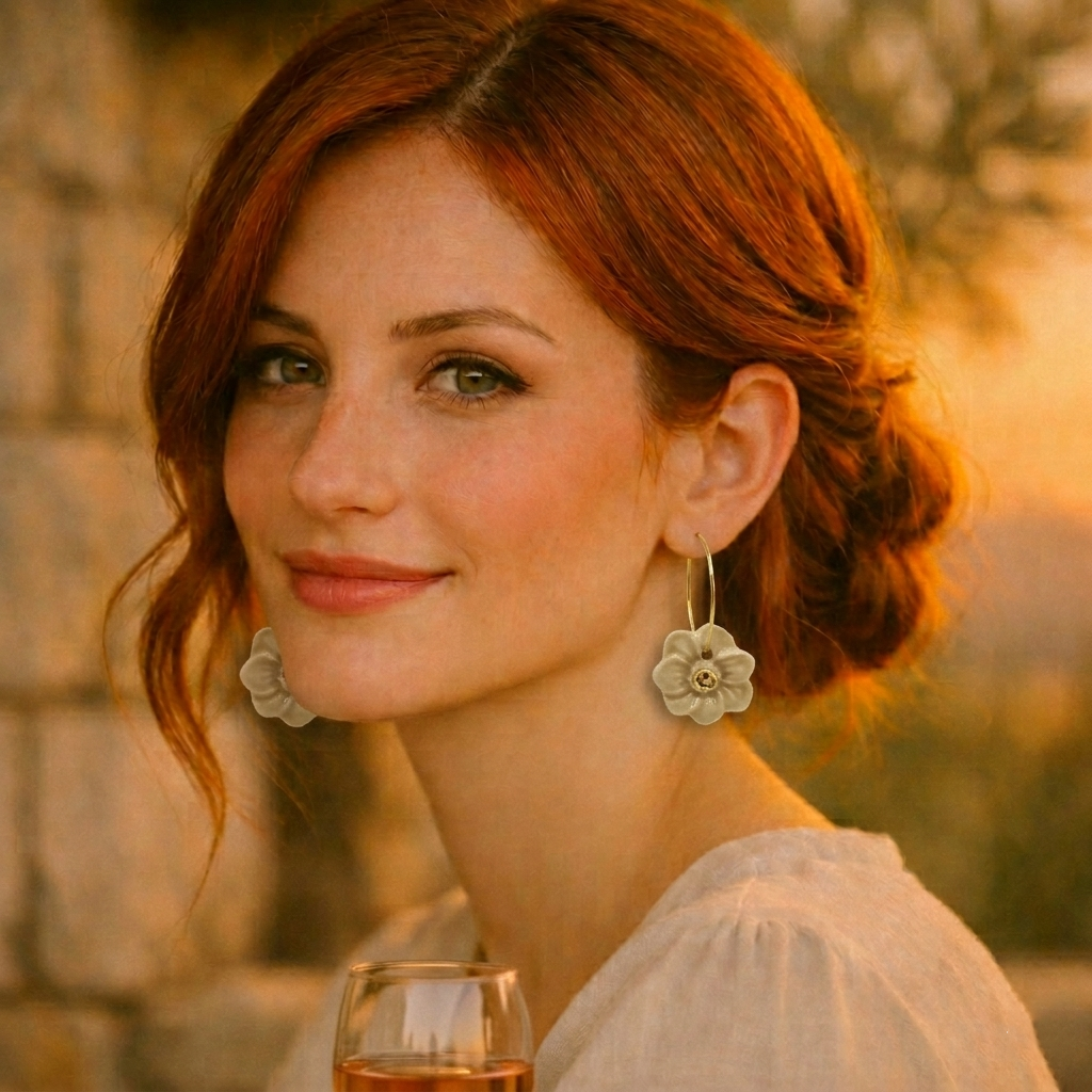 Femme rousse de profil à la lumière dorée du soir, portant de grandes boucles d’oreilles fleurs en céramique dans un décor méditerranéen.