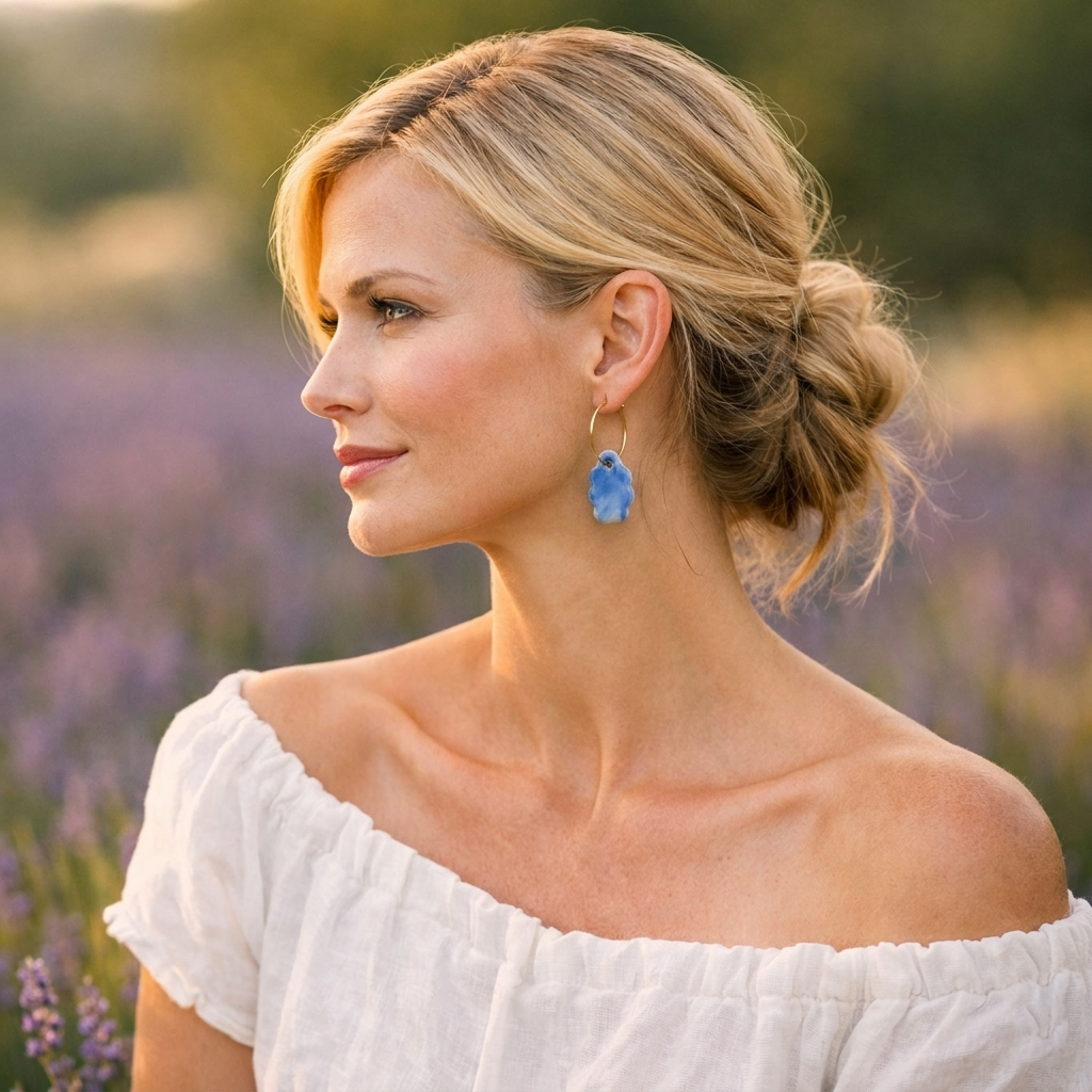 Portrait d'une femme élégante portant des boucles d'oreilles pendantes artisanales en céramique bleu ciel et or. Bijou léger et raffiné fabriqué à la main en France dans l'atelier Corinne Céramique à Aix-en-Provence.