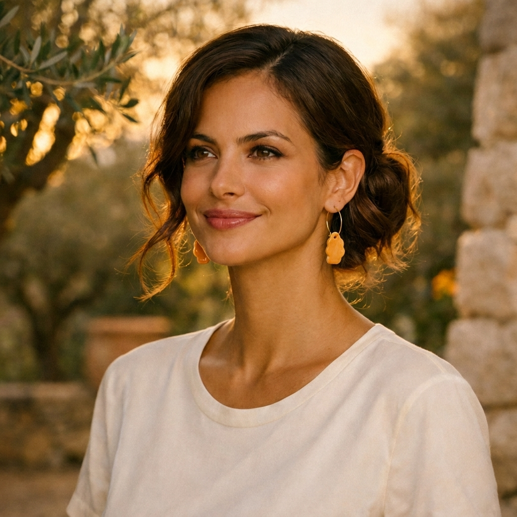 Portrait d'une femme élégante portant des boucles d'oreilles pendantes artisanales en céramique orange vif et or. Bijou léger et raffiné fabriqué à la main en France dans l'atelier Corinne Céramique à Aix-en-Provence.