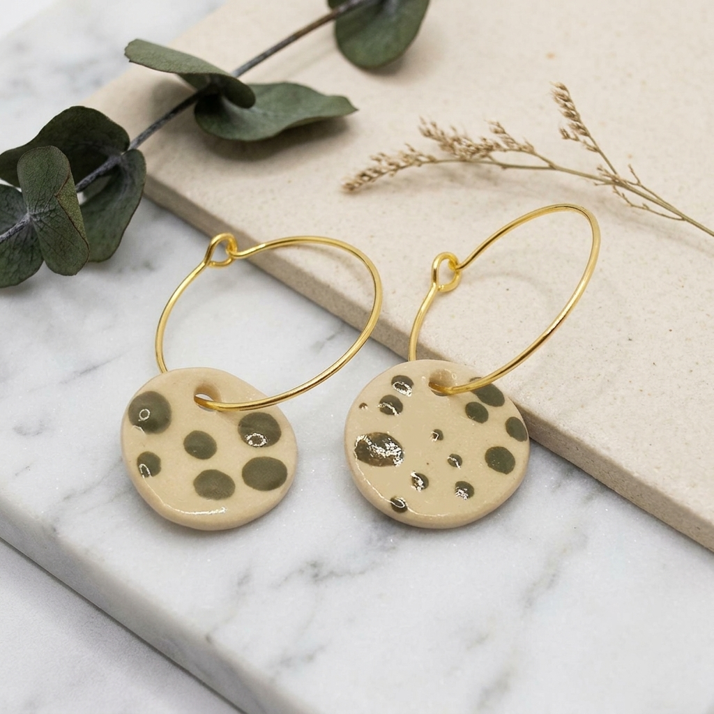 Boucles d’oreilles en céramique blanc et vert posées sur une table, accompagnées de branches de lavande et d’olivier, ambiance méditerranéenne. Bijou artisanal Corinne Céramique.