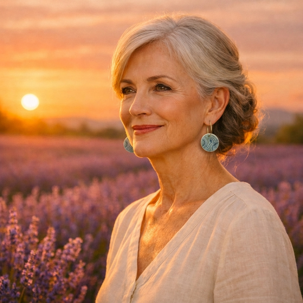 Femme de profil dans un champ de lavande au coucher du soleil, portant des boucles d’oreilles bleues en céramique faites main à Aix‑en‑Provence Corinne Ceramqie