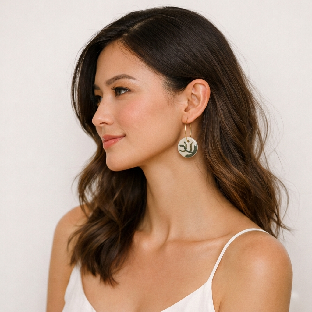 Femme brune portant des boucles d’oreilles fantaisie Corinne Céramique avec créoles et médaillons en forme de branche blanche et verte, dans un style élégant et raffiné.
