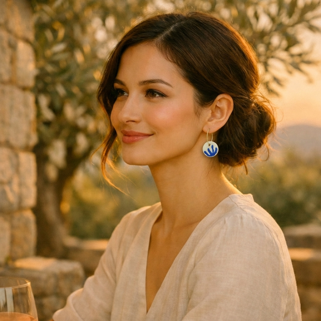 Boucles d'oreilles femme en céramique artisanale bleu et blanc avec anneaux dorés, création française fabriquée à Aix-en-Provence par Corinne Céramique, idée cadeau élégante.