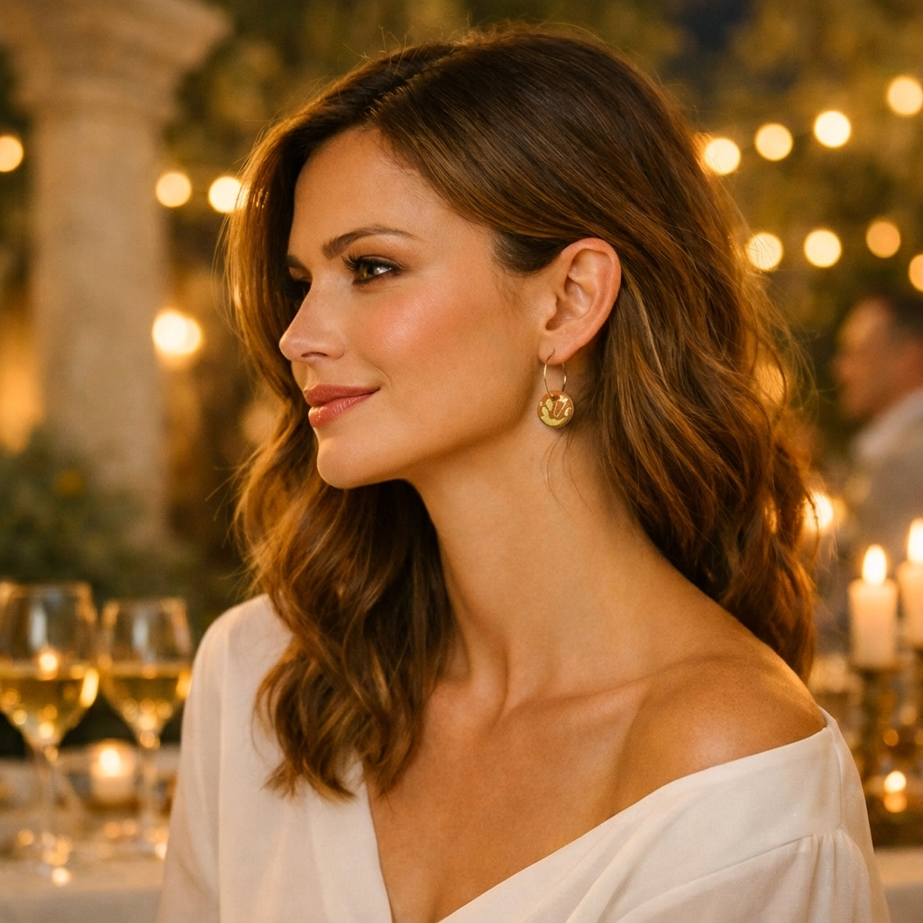 Boucles d’oreilles créoles fantaisie orange et or en céramique, portées par une élégante femme lors d’une soirée dans le sud de la France. Bijou artisanal Corinne Céramique.