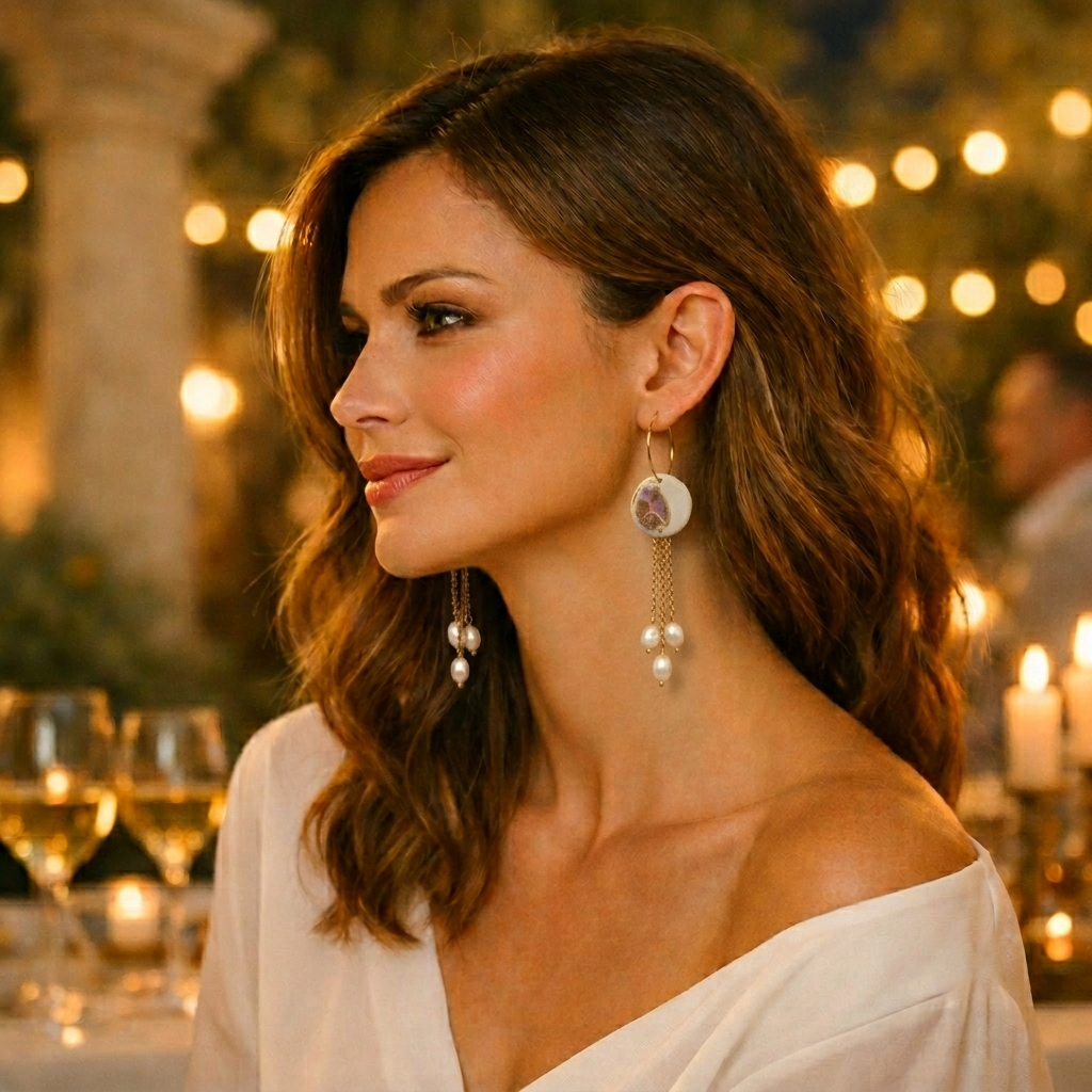 Femme élégante portant des boucles d'oreilles artisanales en céramique blanche nacrée avec perles et chaînes dorées. Bijoux de créateur faits main à Aix-en-Provence par Corinne Céramique. Boucles d'oreilles légères et raffinées pour femme, style chic et intemporel, idéales pour une tenue de soirée, un mariage ou un cadeau de luxe.