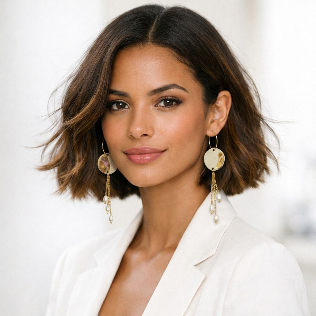 Femme élégante portant des boucles d'oreilles artisanales pendantes en céramique blanche avec perles et chaînes dorées. Bijoux de créateur faits main à Aix-en-Provence par Corinne Céramique. Boucles d'oreilles légères et raffinées pour femme, style chic et intemporel, idéales pour une tenue de soirée, un mariage ou un cadeau de luxe.