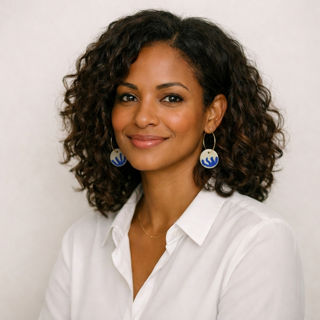 Boucles d'oreilles femme en céramique artisanale bleu et blanc avec anneaux dorés, bijou léger et élégant fabriqué en France à Aix-en-Provence par Corinne Céramique, idée cadeau pour femme."