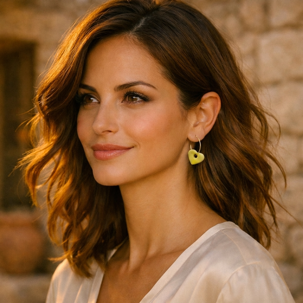  Femme portant des boucles d’oreilles cœur jaunes Corinne Céramique, boucles d’oreilles artisanales faites main en Provence.