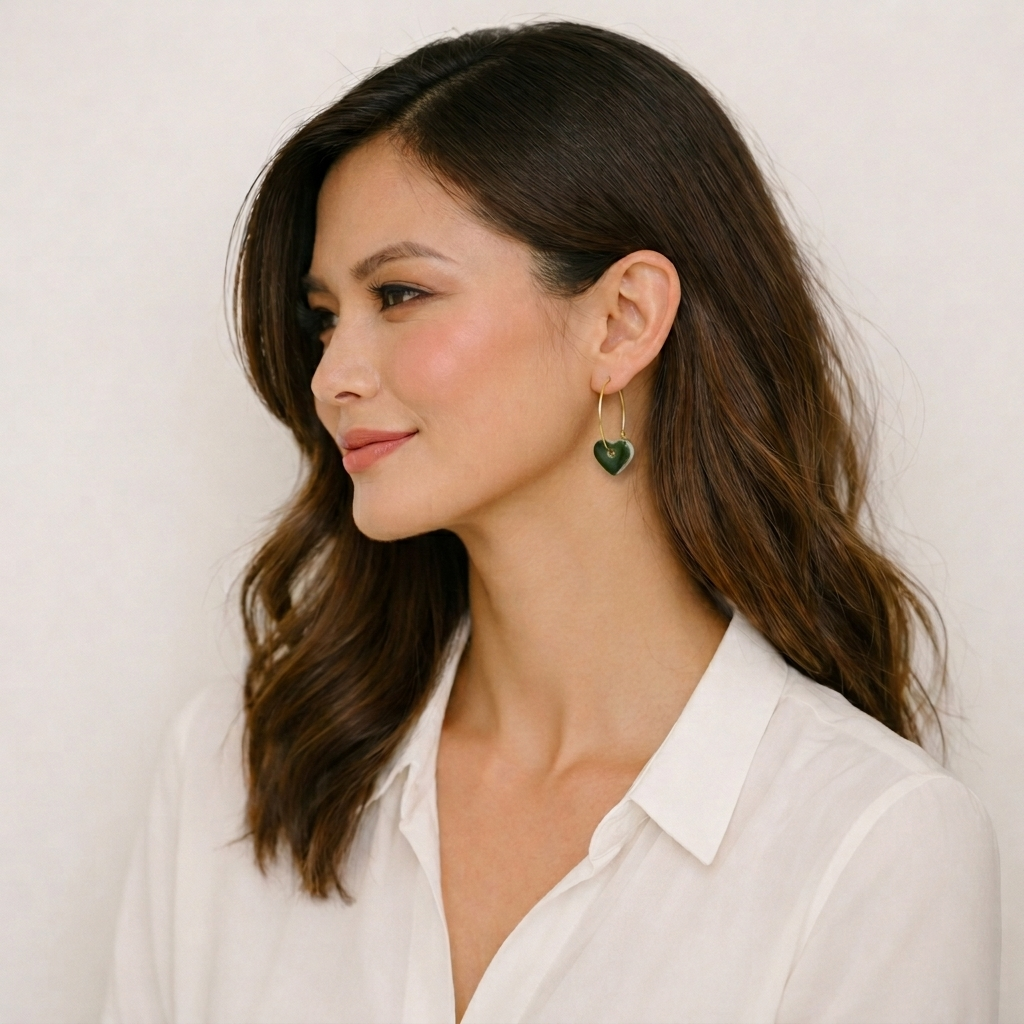 Femme portant des boucles d’oreilles cœur vert en céramique et gold filled faites main par Corinne Céramique à Aix-en-Provence, bijou artisanal élégant pour femme