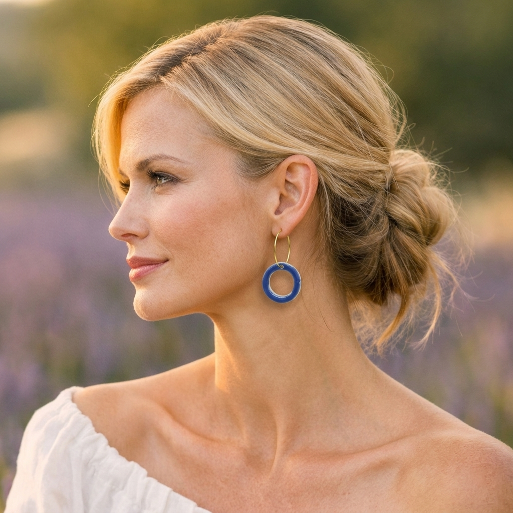 Femme chic brune portant des boucles d’oreilles créoles anneau bleu évidé en céramique Corinne Céramique, dans un élégant appartement haussmannien à Paris, ambiance raffinée et lumineuse.