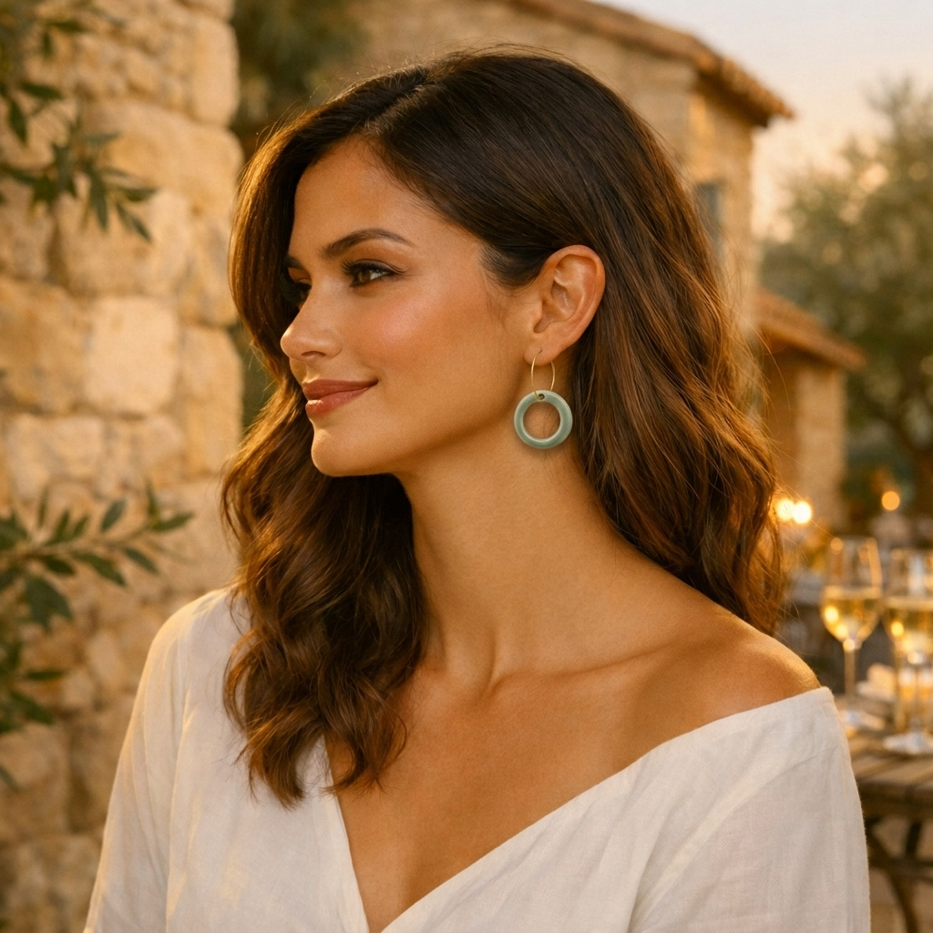 Femme élégante aux cheveux bruns portant une boucle d’oreille verte céladon en céramique artisanale Corinne Céramique, dansen Provence, bijou fait main en France inspiré par la nature.