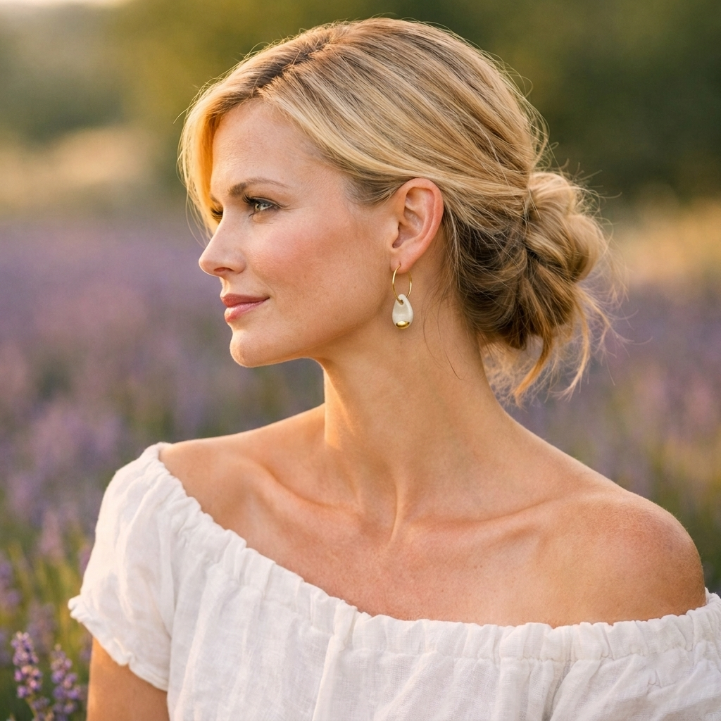 Portrait raffiné d’une femme aux cheveux blonds relevés en chignon, vêtue d’une blouse blanche au cœur d’un paysage provençal de lavande, mettant en valeur les boucles d’oreilles Gouttes d’Eau blanches et or de Corinne Céramique, créations artisanales fabriquées à la main en Provence.