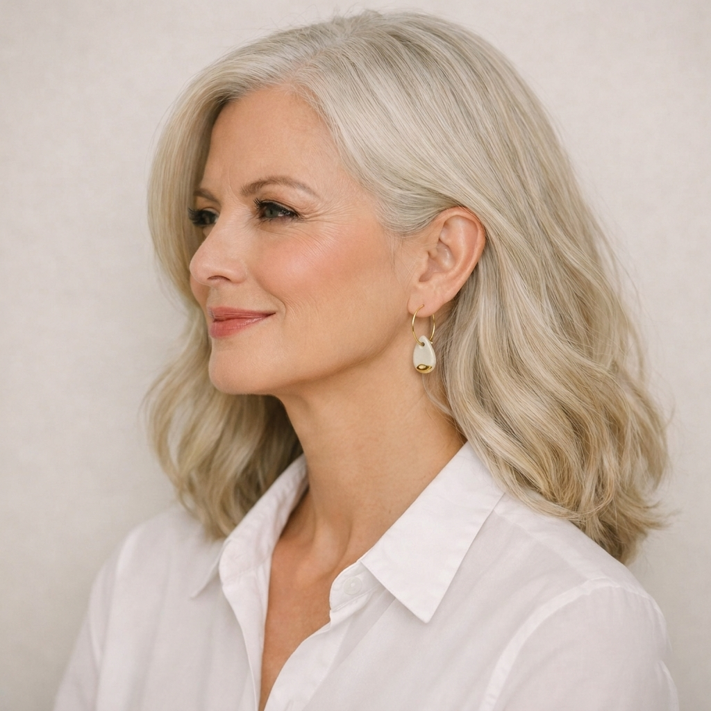 Femme élégante aux cheveux argent portant une chemise blanche et les boucles d’oreilles Gouttes d’Eau blanches et or de Corinne Céramique, bijoux artisanaux faits main en Provence, idée cadeau chic et raffinée.