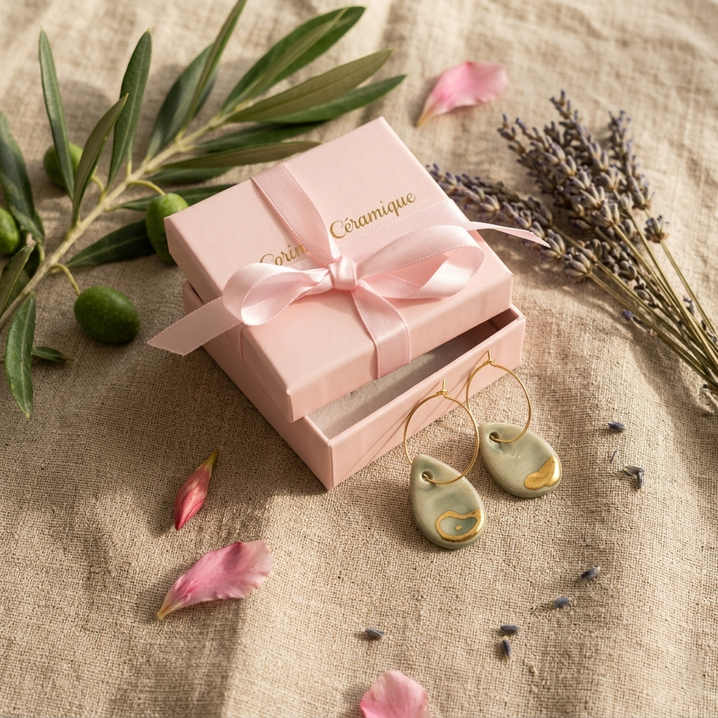 Boucles d’Oreilles Créoles Goutte d’Eau Vert Céladon et Or de Corinne Céramique à coté de l'écrin cadeau luxe rose pâle et de branches d'oliviers, bijoux artisanaux en céramique fabriqués à la main en Provence.