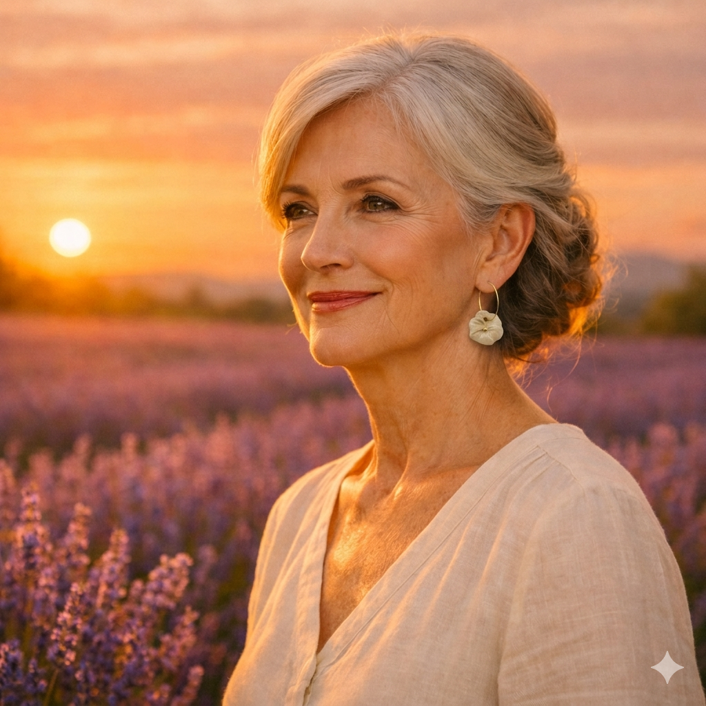 Femme élégante dans un champ de lavande en Provence au coucher du soleil, portant des boucles d'oreilles fleurs Pensée blanches et or en céramique artisanale faites main — Corinne Céramique Aix-en-Provence