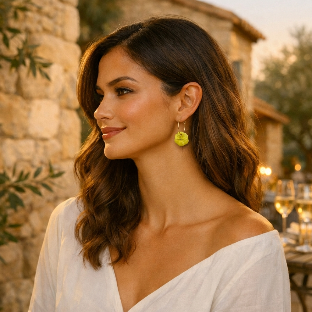 Femme élégante portant des boucles d'oreilles fleurs Pensée jaunes et or en céramique artisanale faites main à Aix-en-Provence — Corinne Céramique, lors d'un dîner chic aux chandelles dans le Sud de la France