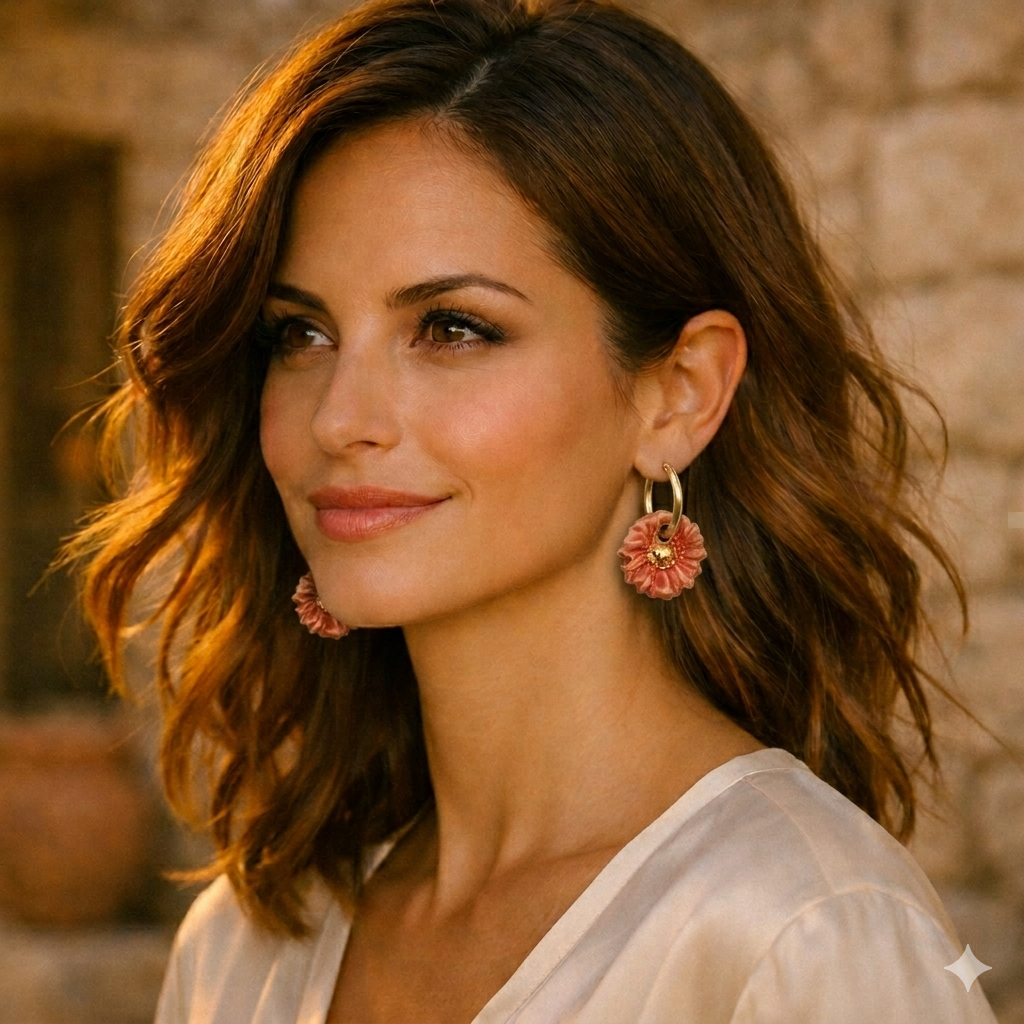 Portrait élégant de femme portant des boucles d’oreilles fleurs rose poudré et anneaux dorés, dans une ambiance chaleureuse provençale au coucher du soleil.