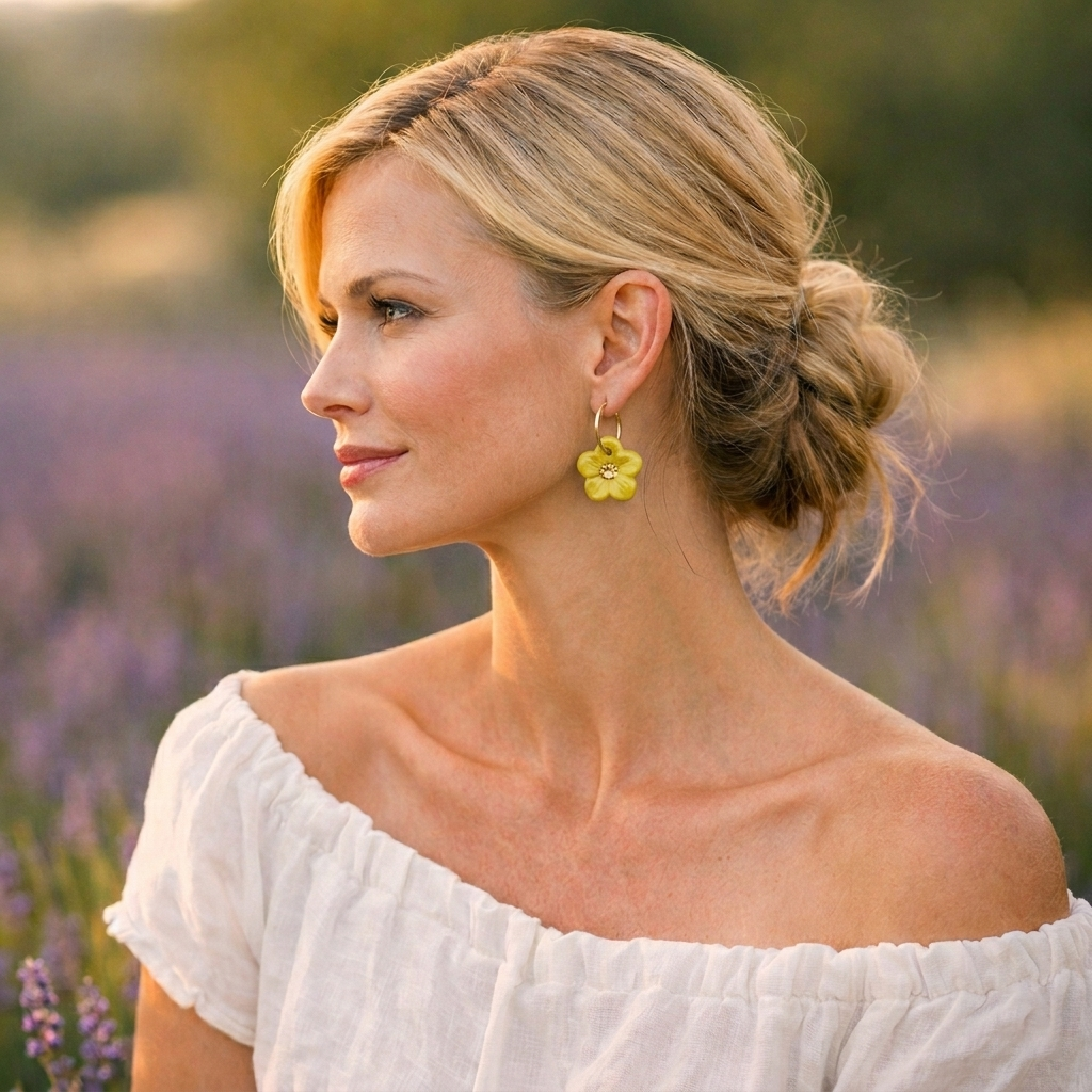 Portrait d'une femme de profil dans un champ de lavande, portant des boucles d'oreilles artisanales en forme de fleurs d'hibiscus jaunes et dorées Corinne Céramique.