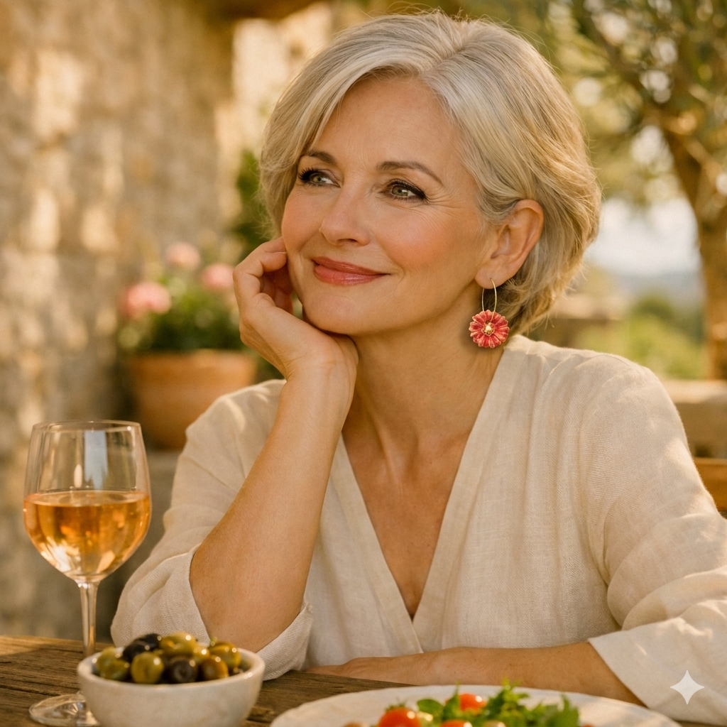 Femme élégante portant des boucles d’oreilles fleurs rouges en céramique, assise en terrasse en Provence avec un verre de vin et une salade. Corinne Ceramique. Artisannat Francais