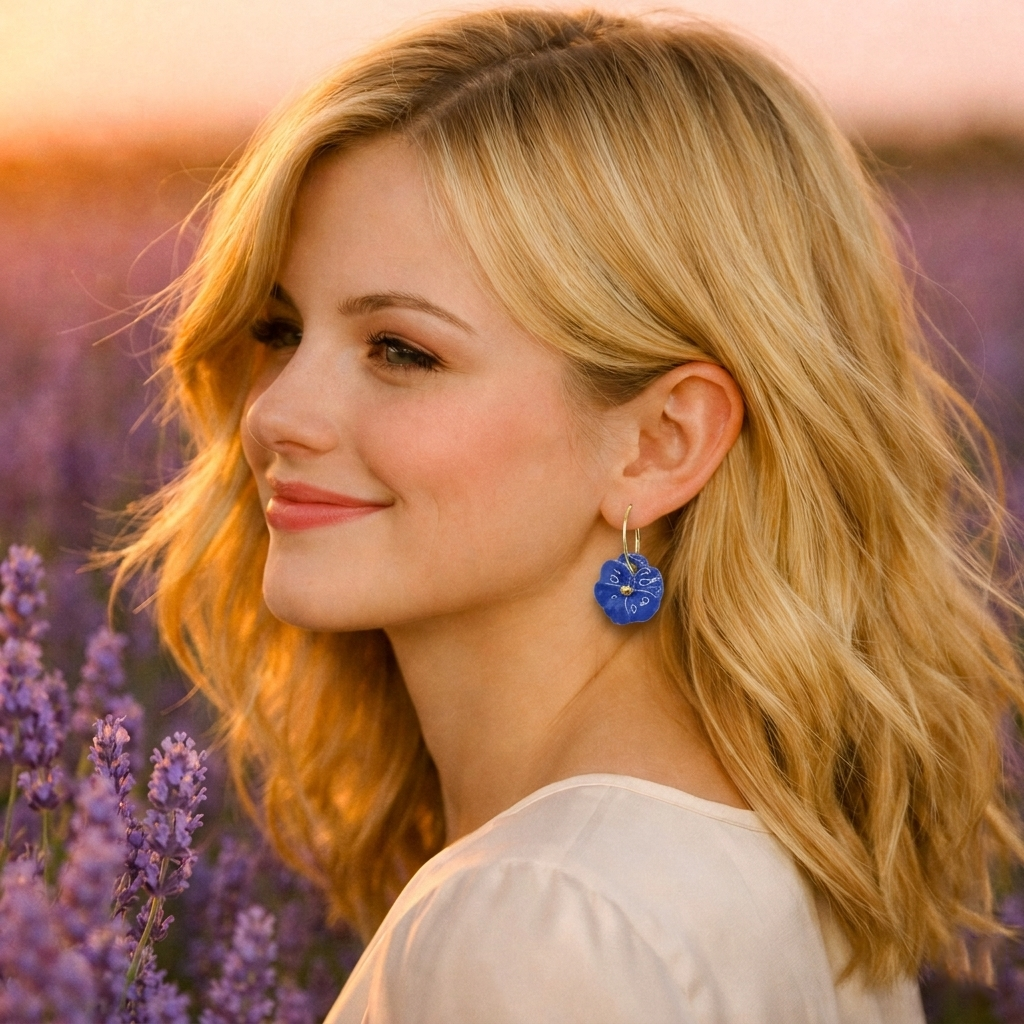 Femme blonde portant des boucles d’oreilles fleur pensée bleu Klein Corinne Céramique, photographiée dans un champ de lavande au coucher du soleil en Provence, ambiance élégante et lumineuse.