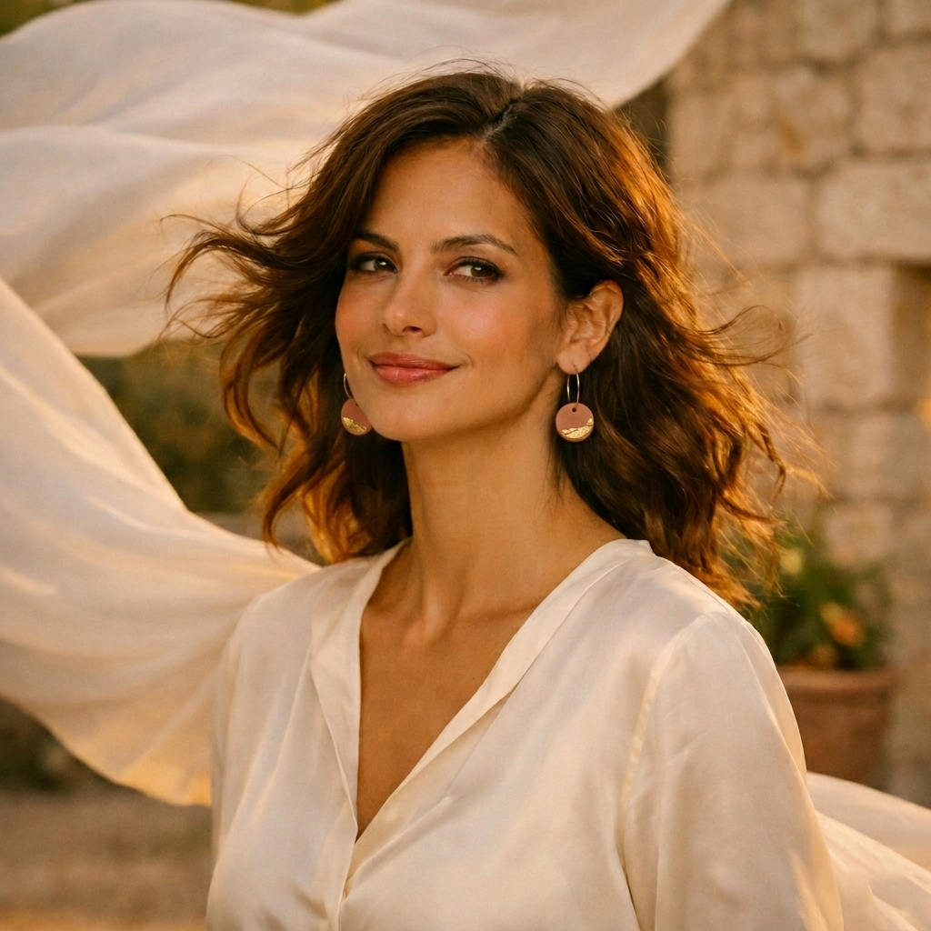 Jeune femme élégante de 28 ans portant des boucles d’oreilles pendantes en céramique rouge et or faites main par Corinne Céramique, en Provence dans le sud de la France, bijou artisanal français de luxe inspiré par la nature.