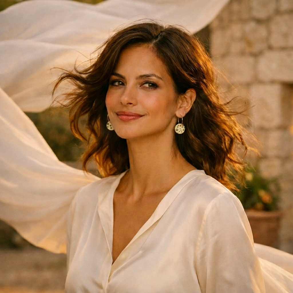 Boucles d’oreilles à pois vert et blanc Corinne Céramique, portées par une élégante femme brune. Aix en Provence