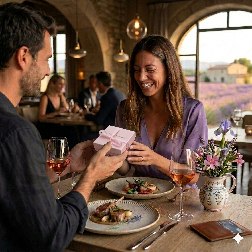 Mari offrant un écrin rose luxe Corinne Céramique à son épouse lors d’un dîner romantique dans un cadre provençal élégant, avec vue sur un champ de lavande et ambiance chaleureuse.