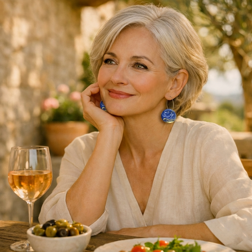 Femme élégante assise en terrasse en Provence, portant de grandes boucles d’oreilles bleues, avec un verre de rosé et une assiette de salade sur la table.
