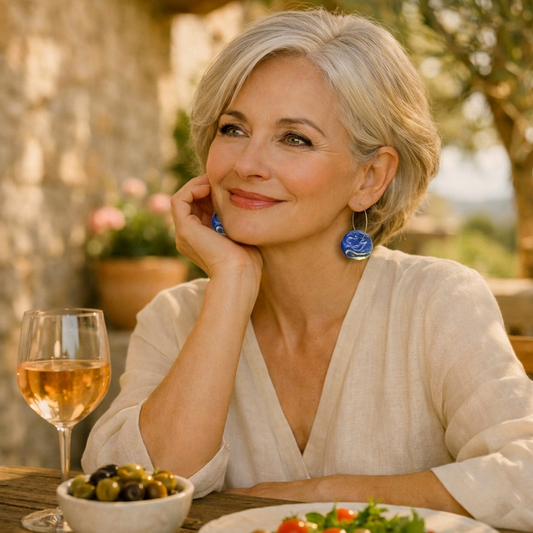 Femme élégante assise en terrasse en Provence, portant de grandes boucles d’oreilles bleues, avec un verre de rosé et une assiette de salade sur la table.