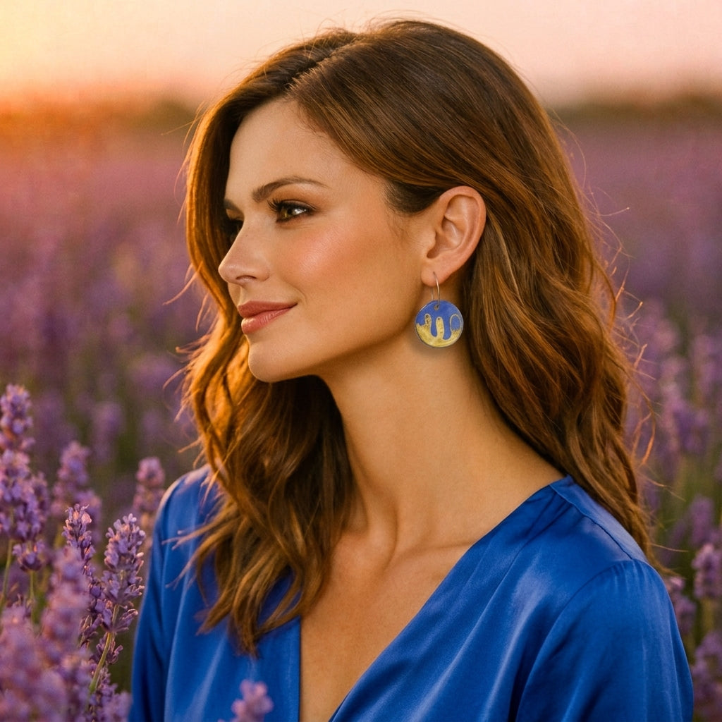 Femme portant des boucles d’oreilles Corinne Céramique bleu et or inspirées de Matisse, dans un champ de lavande en Provence