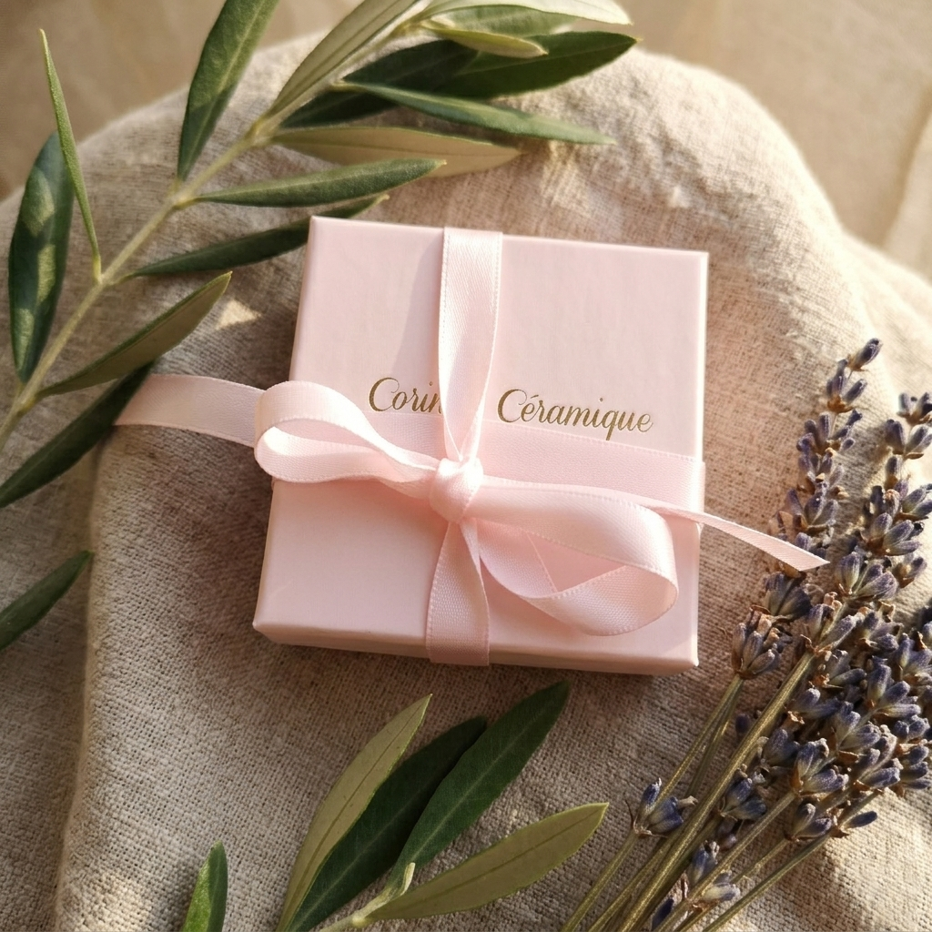 Écrin de luxe Corinne Céramique rose pâle posé sur du lin naturel à côté de branches d’olivier et de brins de lavande dans une ambiance douce inspirée de la Provence.