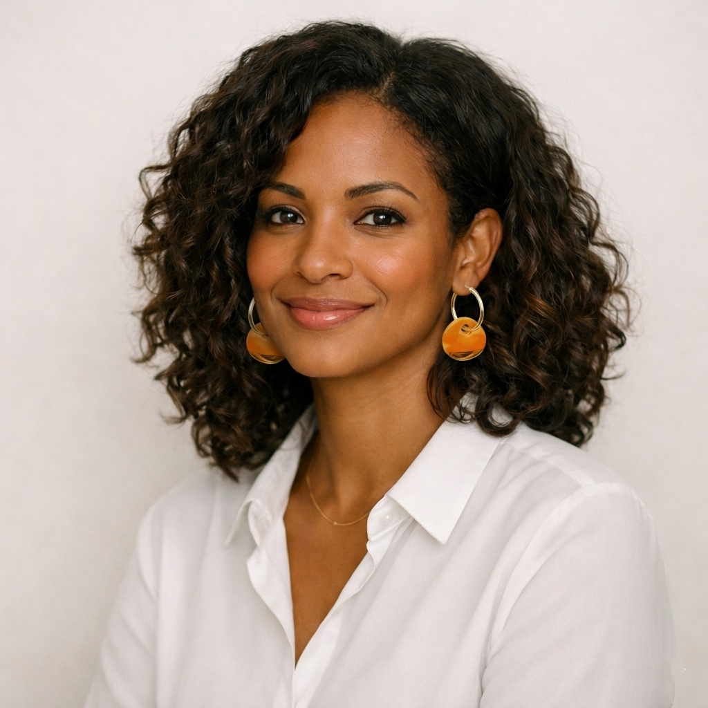 Une femme souriante aux cheveux bouclés foncés et mi-longs, portant une chemise blanche ouverte et un collier en or fin. Elle porte de grandes boucles d'oreilles créoles dorées avec un grand pendant circulaire en pierre orange poli et un accent doré à la base, sur un fond blanc texturé.