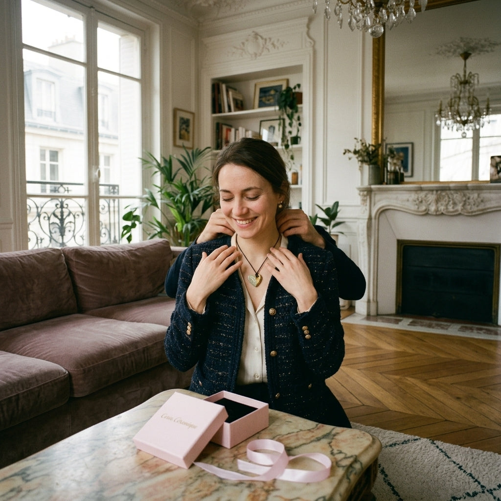 Femme recevant un collier cœur avec cordon en cuir Corinne Céramique dans un appartement parisien