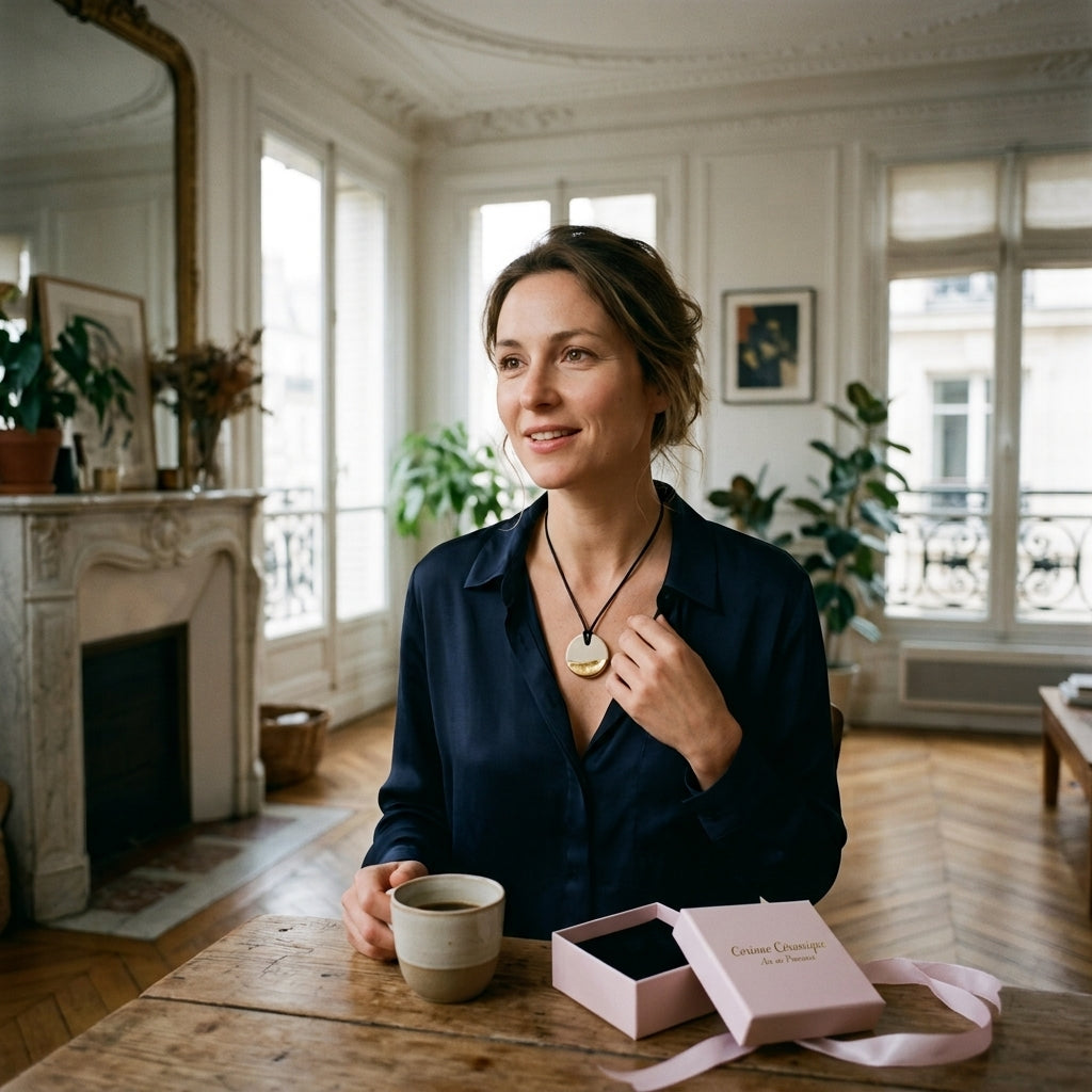 Femme recevant en cadeau un pendentif en céramique Corinne Céramique dans son appartement parisien