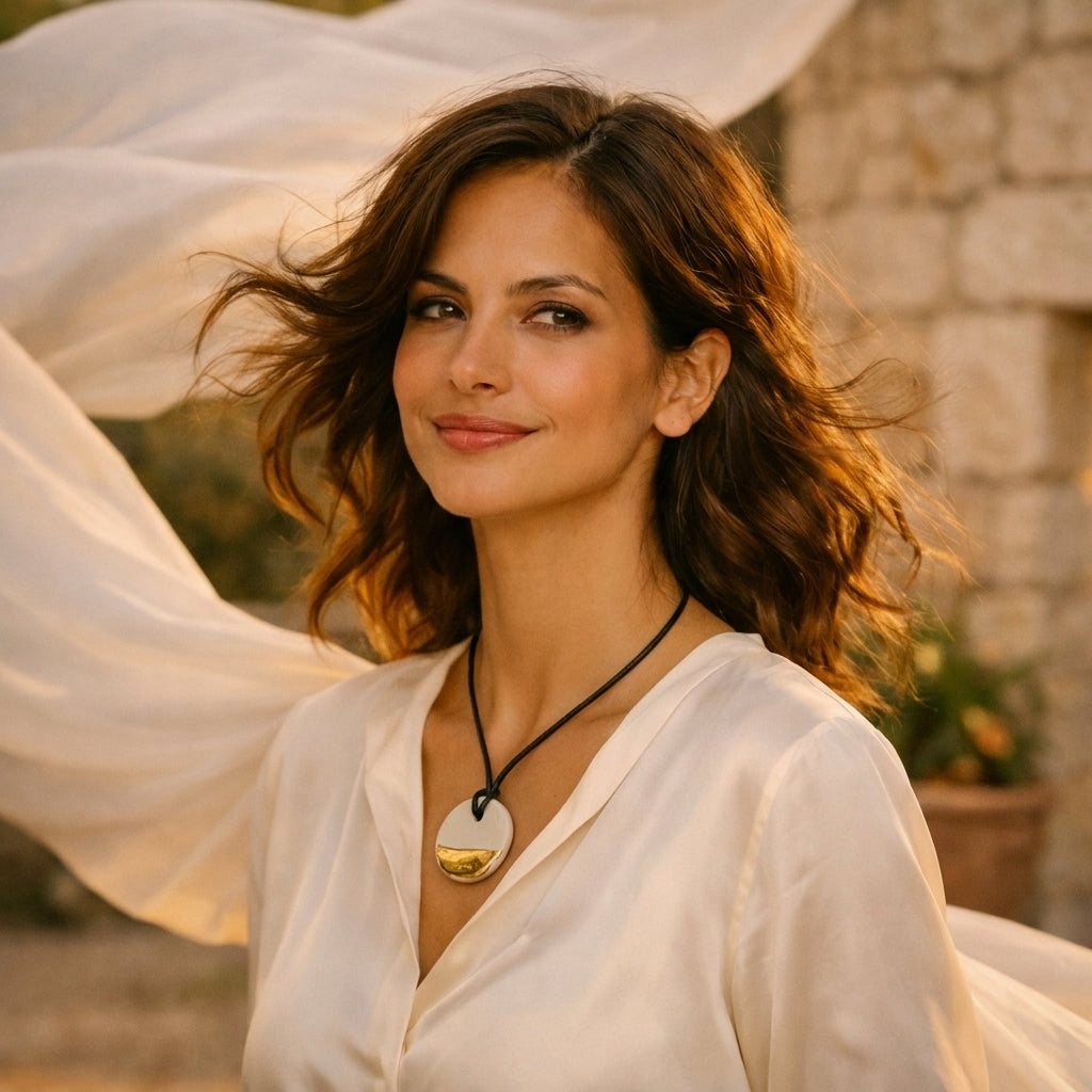 Femme portant un collier pendentif en céramique blanc et or Corinne Céramique, une idée cadeau élégante en Provence