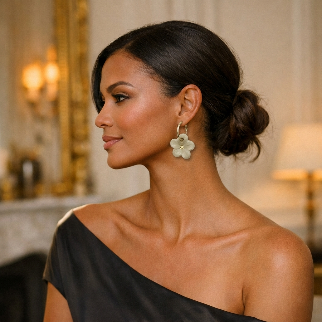 A profile view of a woman with dark hair in a low bun and an elegant black off-the-shoulder dress, wearing a handmade ceramic hibiscus flower earring with a gold center, suspended from a gold-filled hoop.