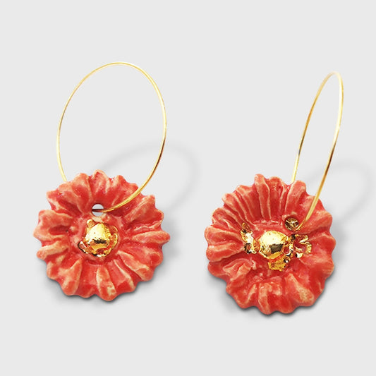 boucle d'oreille fleur marguerite rouge or pour femme pendante Corinne Ceramique Artisanat d exception bijoux