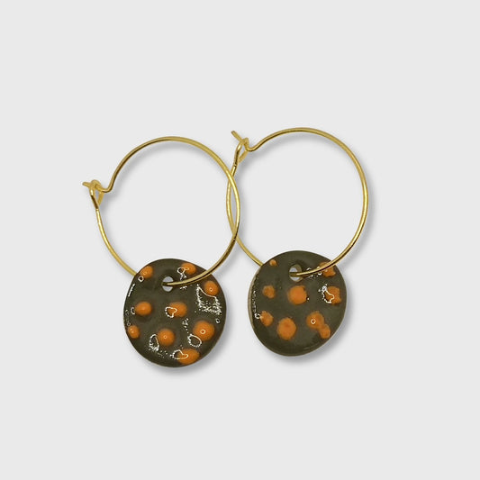 Boucles d'oreilles vertes olives a pois oranges